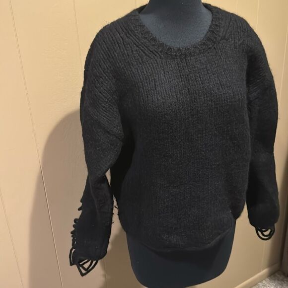 IRO black chunky knit ladder/shredded sleeve wool/alpaca/polyamide blend sweater - Picture 4 of 8